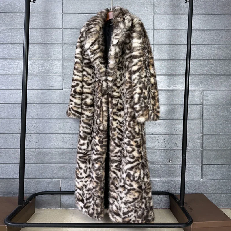 DEAT 2026 Winter Thick Leopard Print Faux Fox Fur Coat For Women Contrast Color High Quality Suit Collar Overcoat 11A06743