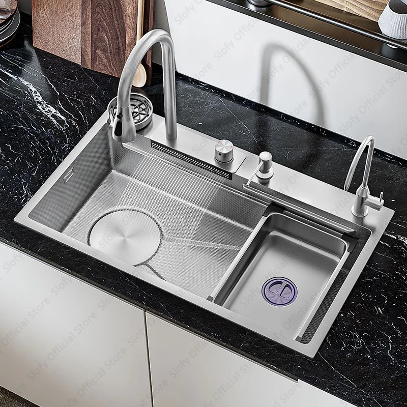 Kitchen Sink Vegetable Workstation Honeycomb Embossing Waterfall Faucet Drain Accessories