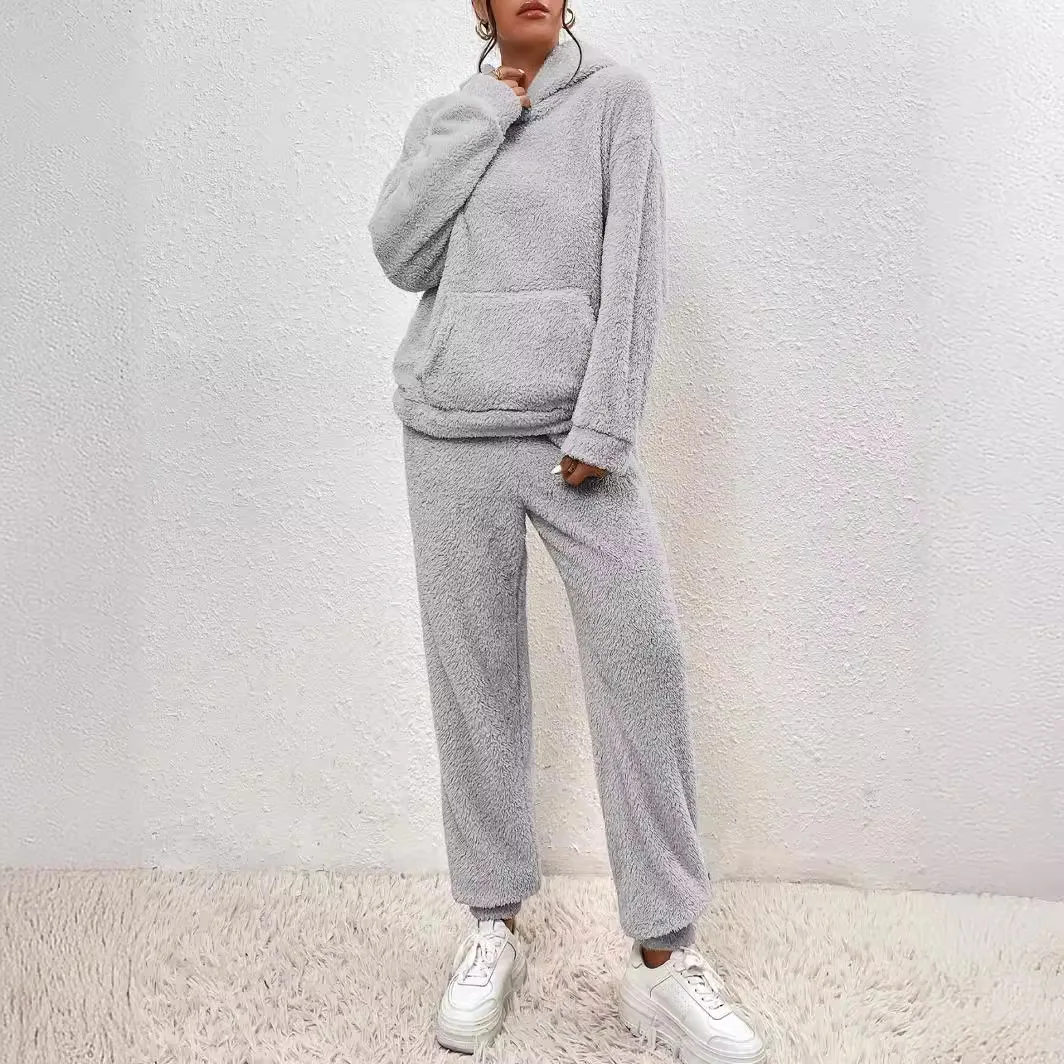 Women Fleece Sweatshirt Sets Hoody Pullover Coats Wide Leg Pants