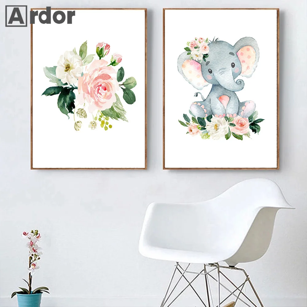 

Pink Flower Nursery Poster Custom Name Wall Posters Nordic Elephant Picutres Prints Jungle Animals Wall Art Girl Room Decor