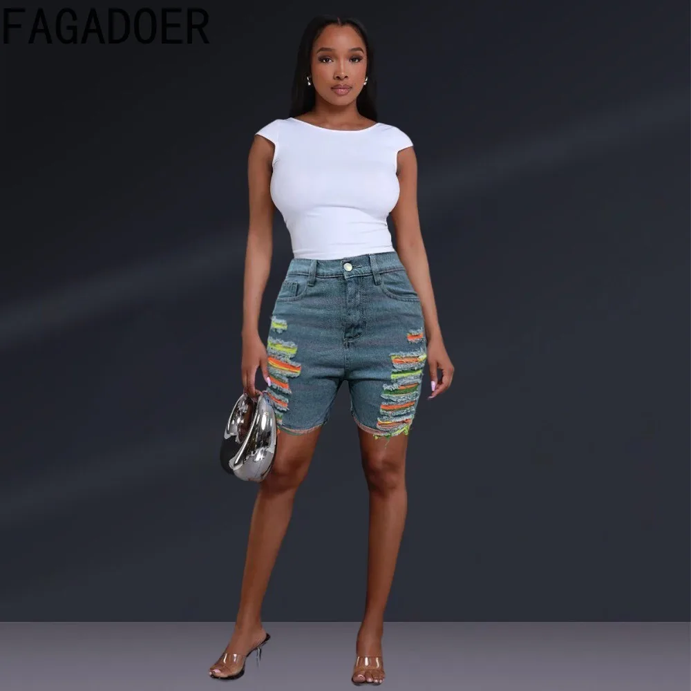 FAGADOER Summer New Hole Tassels Denim Shorts Women High Waisted Button Pocket Skinny Shorts Fashion Female Cowboy Bottoms 2024