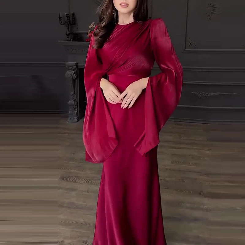 Women's Patchwork High Waist Evening Dress Elegant Solid Color Party Long  Dresses Fall Fashion O-Neck Slim Satin Dress New 2024 - AliExpress 200000345