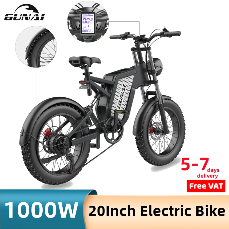 Gunai Electric Ebikes 1000W Motore Brushless 20 Pollici Fat Tire Adulto 7 Velocità 48V 25Ah Batteria Fuoristrada Mountain Bike Eu Stock
