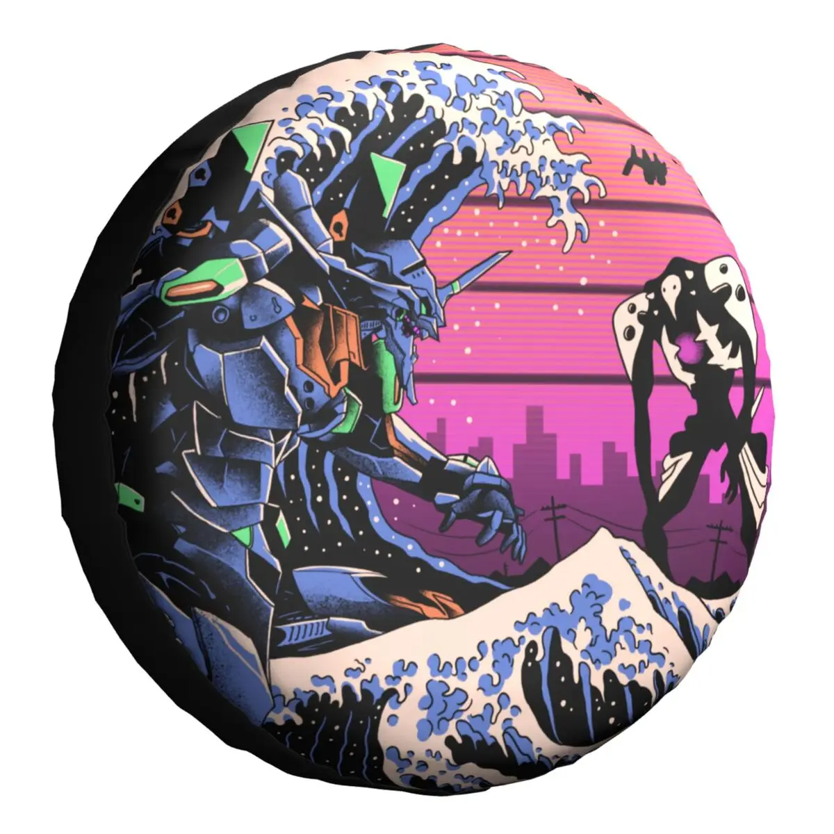 

Retro Tokyo Wave Spare Tire Cover for Toyota Land Cruiser Prado Jeep RV SUV Camper Anime Aesthetic Vaporwave 15" 16" 17" Inch