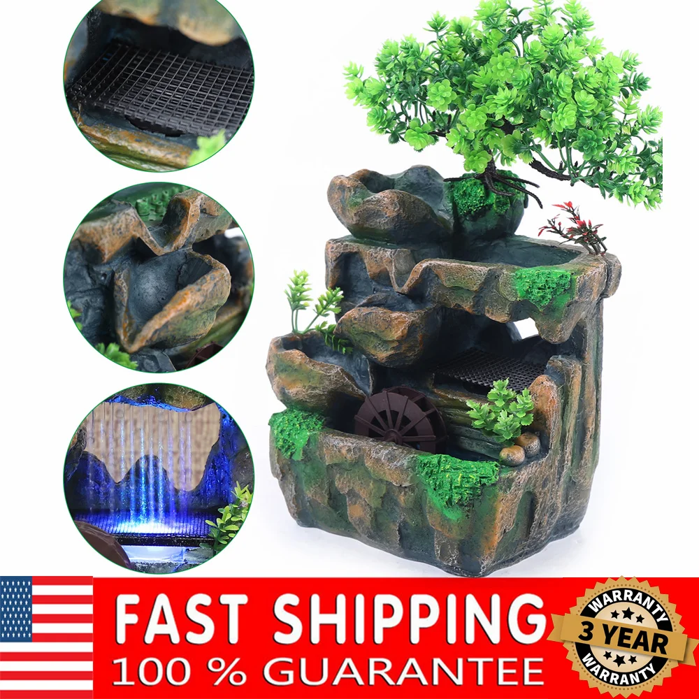 

Water Fountain Tabletop Indoor Small Rock Waterfall Zen Decor with LED Light Fountain Decoration New