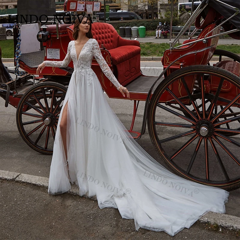 

LINDO NOIVA Fashion A-Line Tulle Wedding Dresses Long Sleeves V-Neck Court Train Bridal Gown Vestido De Novia Custom Made 2023