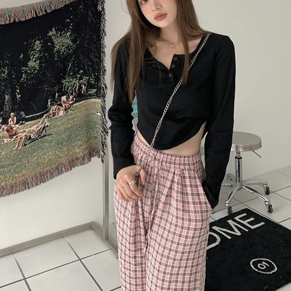 Women Long Sleeve Knitted Cropped Tshirts for Spring Summer