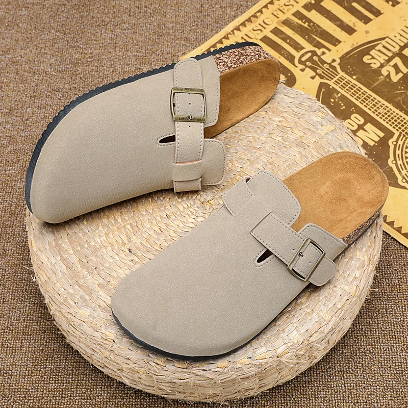Popular Cow Suede Men's Clog Slippers Men's Suede Clogs Leather Mule Cork Foot Bed Sandals Beach Slide Bowtoe Shoes