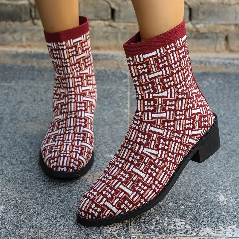 Ladies Shoes 2023 High Quality Slip on Women's Boots Autumn Round Toe Mixed Colors Short Barrel Mid Heel Large Size Naked Boots