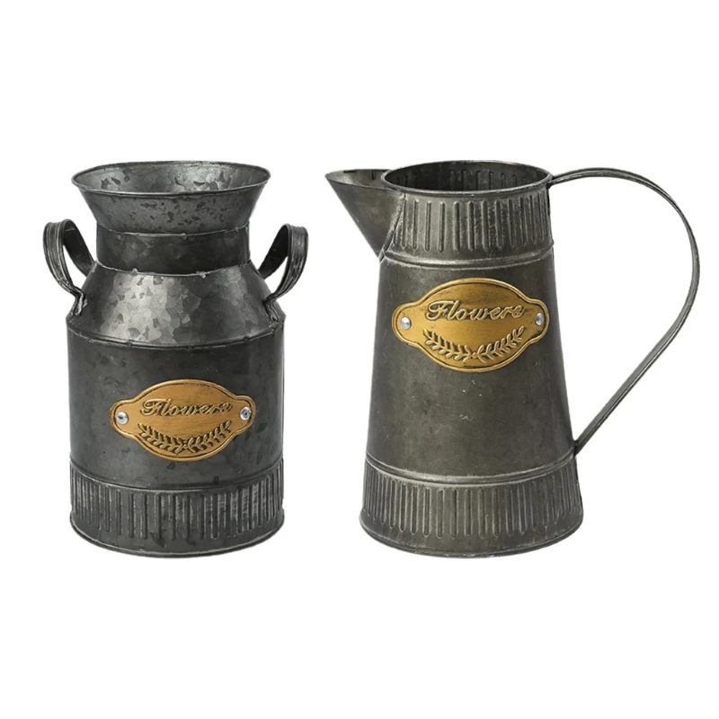 

Vintage Farmhouse Rustic Jug Vase Metal Iron Shabby Design Planter Holder Flower Pot Bucket Rural Home Garden Decoration