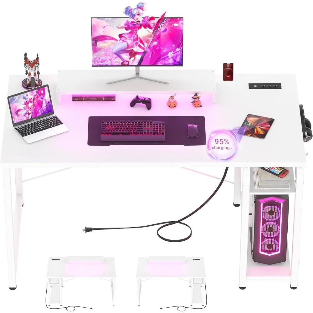 

Computer Desk With LED Lights 40 Reversible Laptop Table With Moveable Monitor Stand Office Small Desk for Small Spaces White