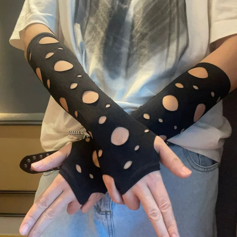 Y2K Gothic Punk Individuality Broken Hole Fingerless Performance Gloves Half Finger Mesh Stretch Halloween Party Dress Mittens