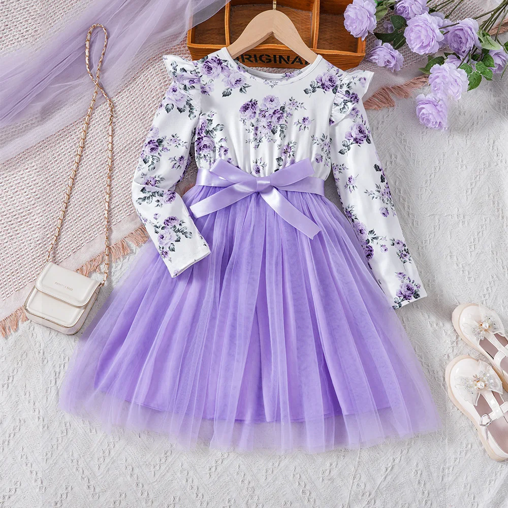 

2024 Winter New Girls Dress Long Sleeve O Neck Ruffles Print Floral Mesh Purple Designer Girls Princess Dress Vestido 18M-7T