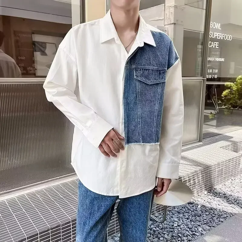 Spring Autumn New Men's Long Sleeve Casual Loose-fit Niche Design Sensibility Color Blocking Denim Shirt Trendy