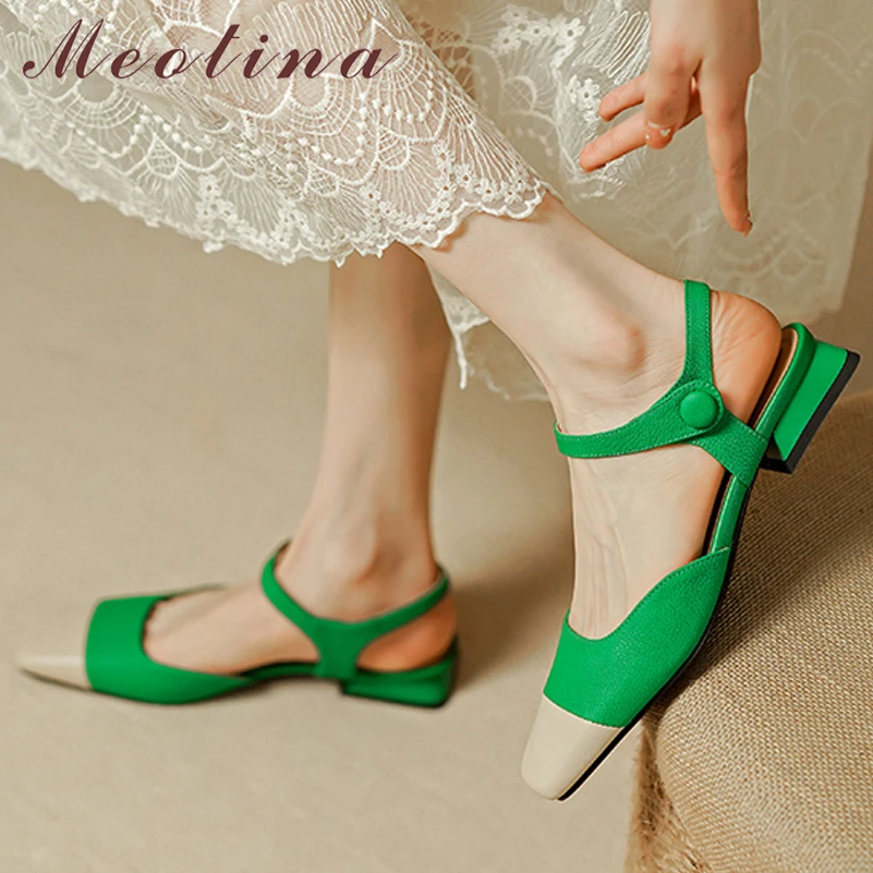 

Meotina Women Shoes Genuine Leather Slingbacks Thick Heels Pumps Low Heel Square Toe Fashion Ladies Footwear Spring Beige Green