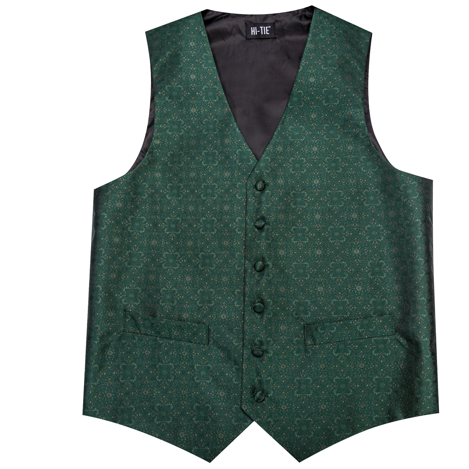 Dark Green Silk Men Vest Tie Elegant Solid Dress Sleeveless Jacket 4PC Hanky Cufflink Paisley Suit Waistcoat Wedding Gift Hi-Tie 5
