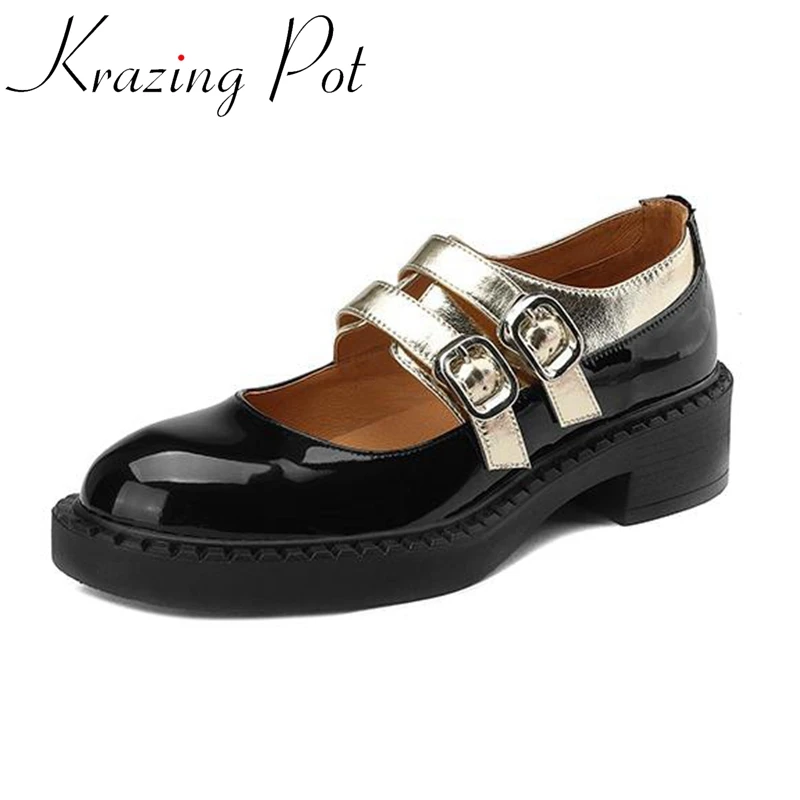 

Krazing Pot Cow Leather Round Toe Med Heels Mary Janes Modern Preppy Style Thick Bottom Global Chic Buckle Strap Maiden Pumps