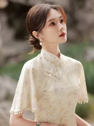 2023 Spring Traditional Cheongsam Short Sleeve Soft Vintage Dress Slim Party Wedding Costumes Elegant Long Qipao S To XXL