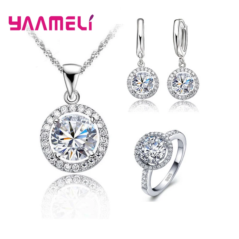Romantische 925 Sterling SilverCubic Zirkon Halskette Ohrring Ring Braut Schmuck sets für Frauen Valentinstag Geschenk