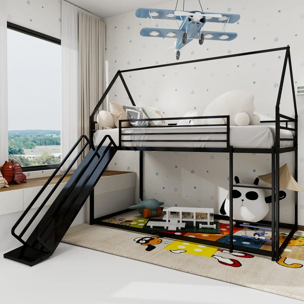 90 x 190 cm großes Etagenbett über zwei Personen mit Rutsche für Kinderzimmer, hausförmiger Bettrahmen mit Leiter, kein Boxspringbett erforderlich und einfach zu installieren – Detail 13