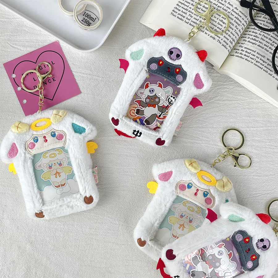 Animal plush card sleeve cute angel devil lamb ID card bag photo show couple pendant 6