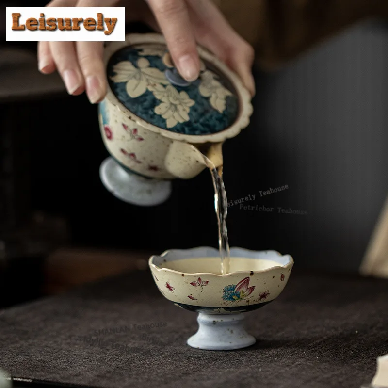 50ML Caramel Glaze Butterfly Lily High Foot Teacup Handmade Tea Bowl Jug Tea-tasting Personal Cup Chazhan Master Cups Cha Gift