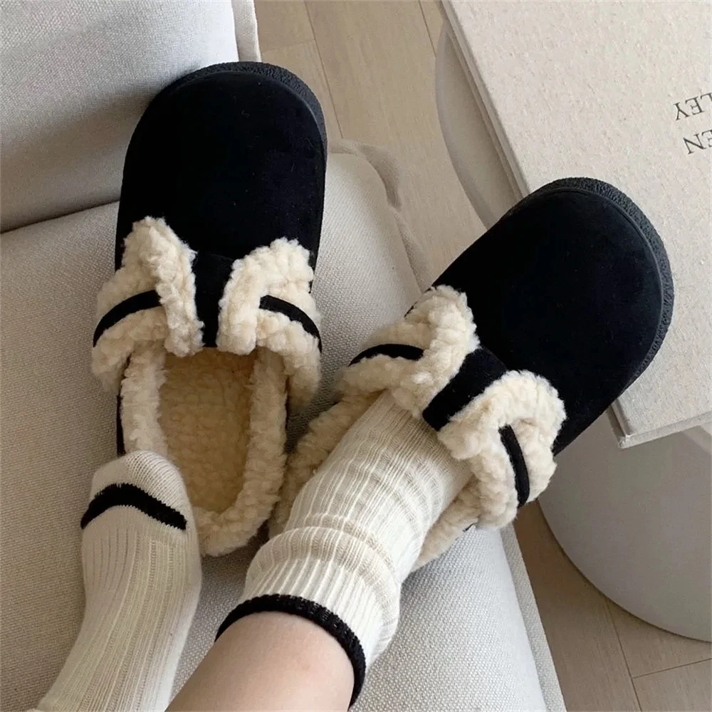 

Yasuk Autumn Winter Women's Casual Soft Indoor Slippers Furry Non-Slip Warm Thick Simple Bow Solid Color Retro Slippers