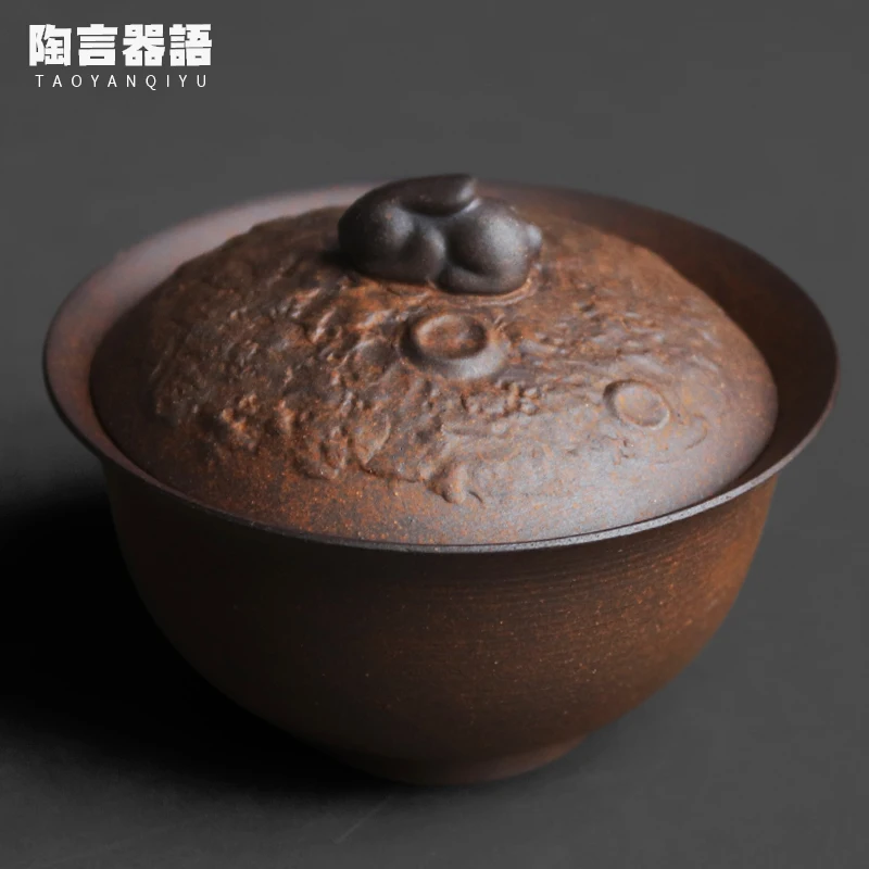 

Rock and soil material rabbit shaped hand held expanded cover bowl, retro ceramic style tea brewing bowl