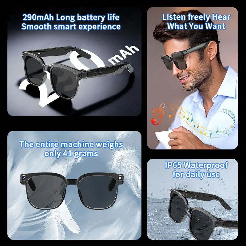 LIGE New 8MP Camera AI Glasses Men Smart Translation Glasses 1080P Video Recording AI Voice Control Waterproof Call Sunglasses