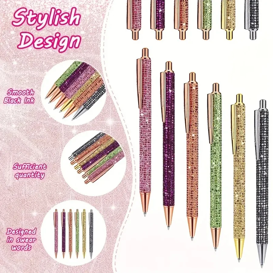 6pcs Bling Diamond Metal Pens For Home School Office, Gift Pens Glitter Ballpoint Pens With Retractable Writing Black Ink Medium 4