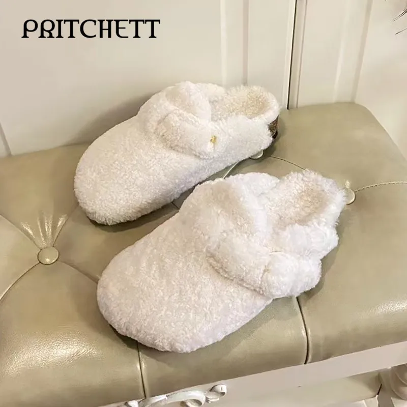 White Fluffy Baotou Muller Slippers Round Head Flat Bottom Multi-Color Warm Slippers Winter Warm Home Casual Women's Shoes