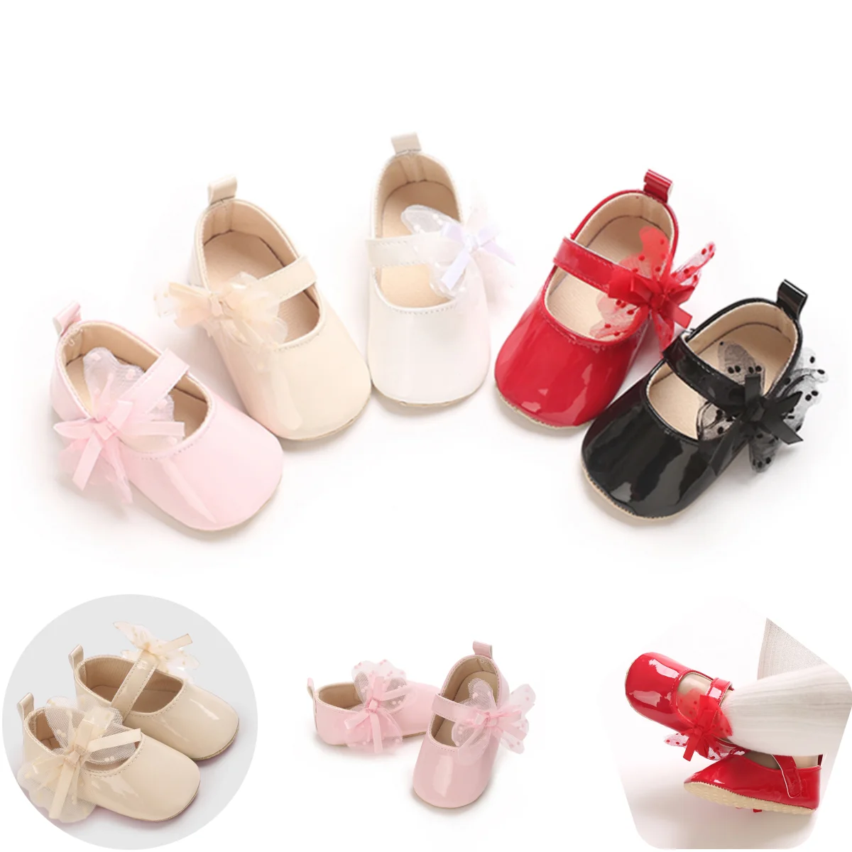 Baby Girl Shoes 0-18M Classic PU Leather Girls' Baby Shoes Bow Princess Flat Bottom Anti slip Soft Bottom Walking Newborn Crib Dress Shoes