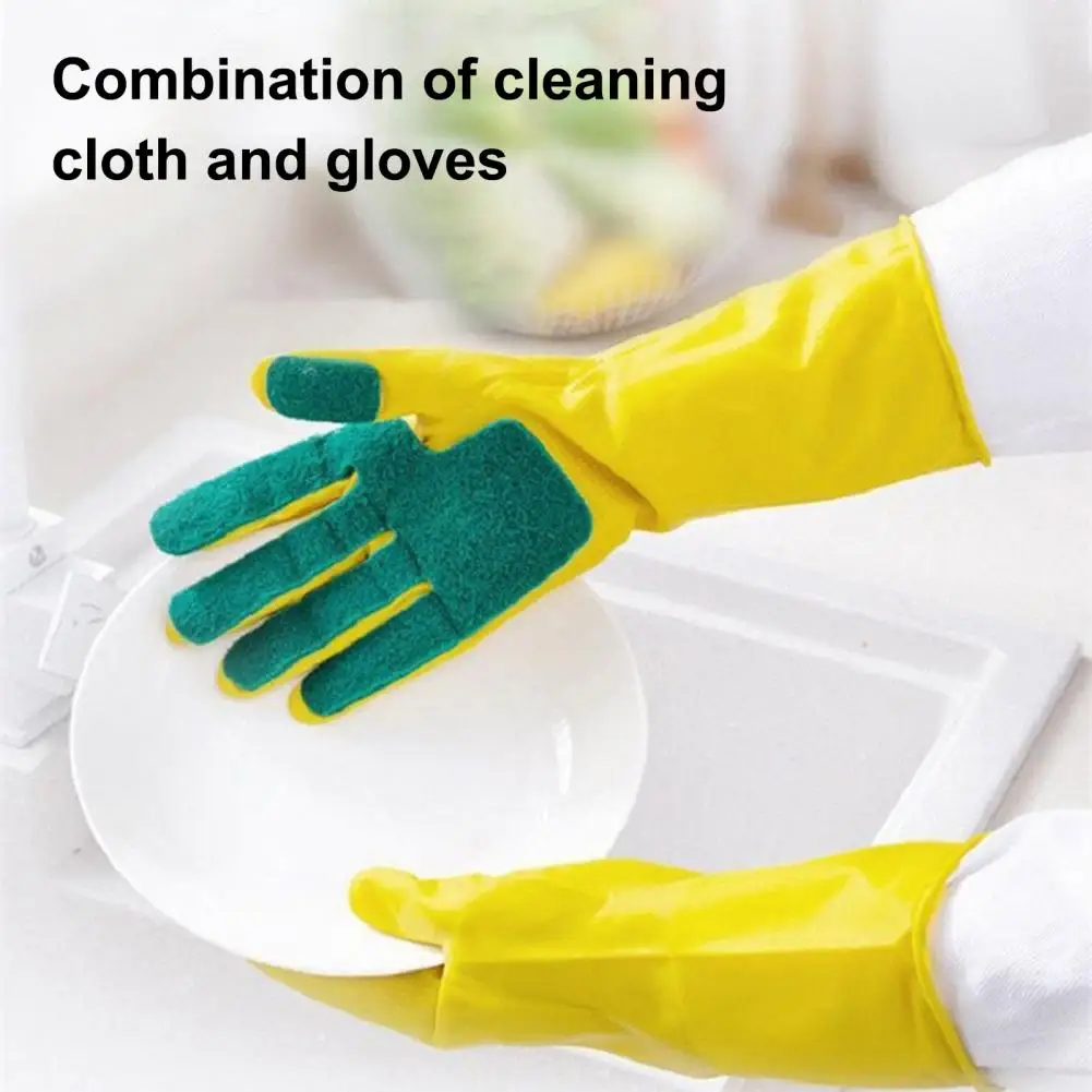 Dishwashing Cleaning Gloves 1 Pair Rubber Latex Material Scouring Pad Non-Slip Long Kitchen Bathroom