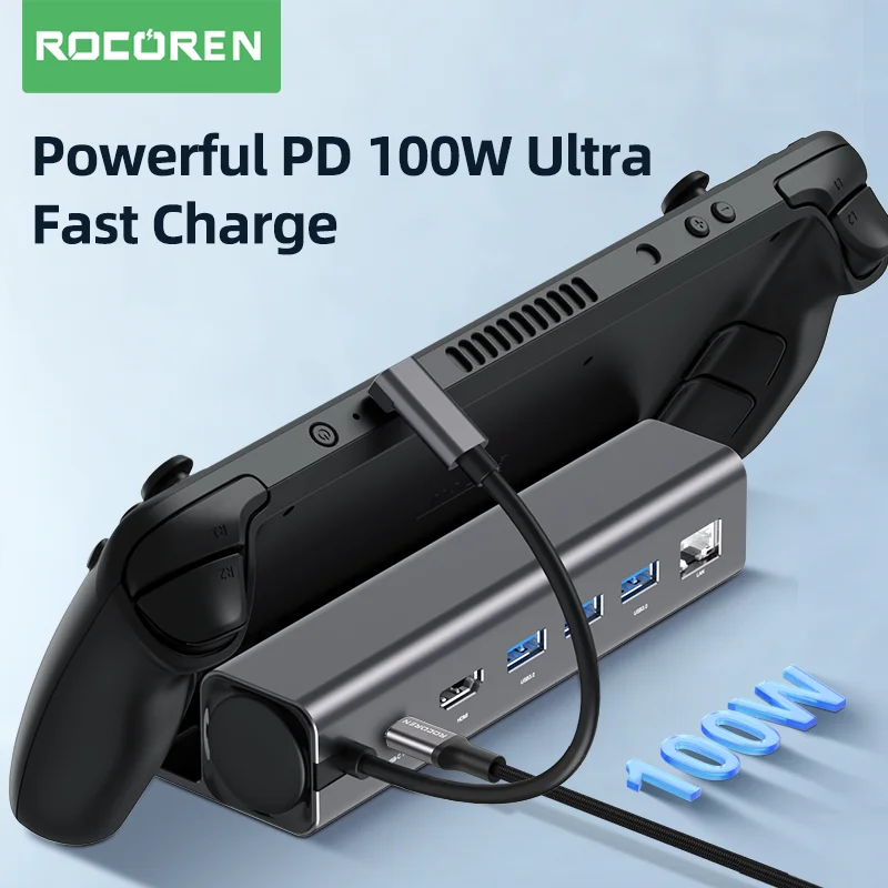 Rocoren Steam Deck Docking Station 6 in 1 USB C Hub HDMI-compatible 4K60Hz RJ45 Dock for SteamDeck Nintendo Switch ASUS Rog Ally