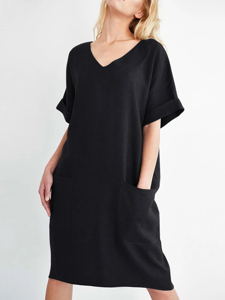 

Summer Casual Short Sleeve V Neck Pockets Short Dress Vintage Cotton and Linen Loose Knee Length Dress Large Size 5XL Vestidos
