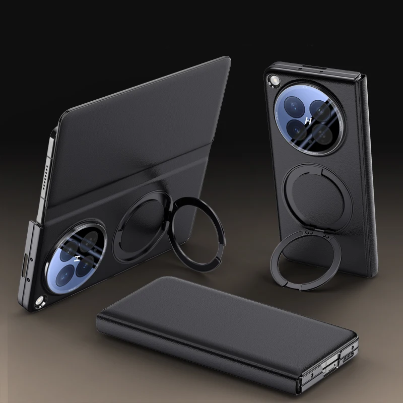 Luxury PU Leather Magnetic Case with Rotatable Ring Stand and Anti-Fall Protection