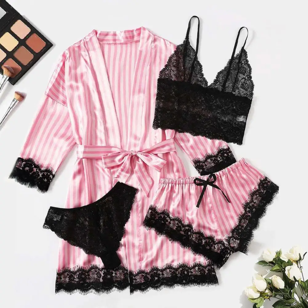 

4 Pcs Women Pajama Set Soft Silk Satin Nightwear Bow Decor Belted Robe Vest Panties Elastic Waist Shorts Set Lady Sleepwear