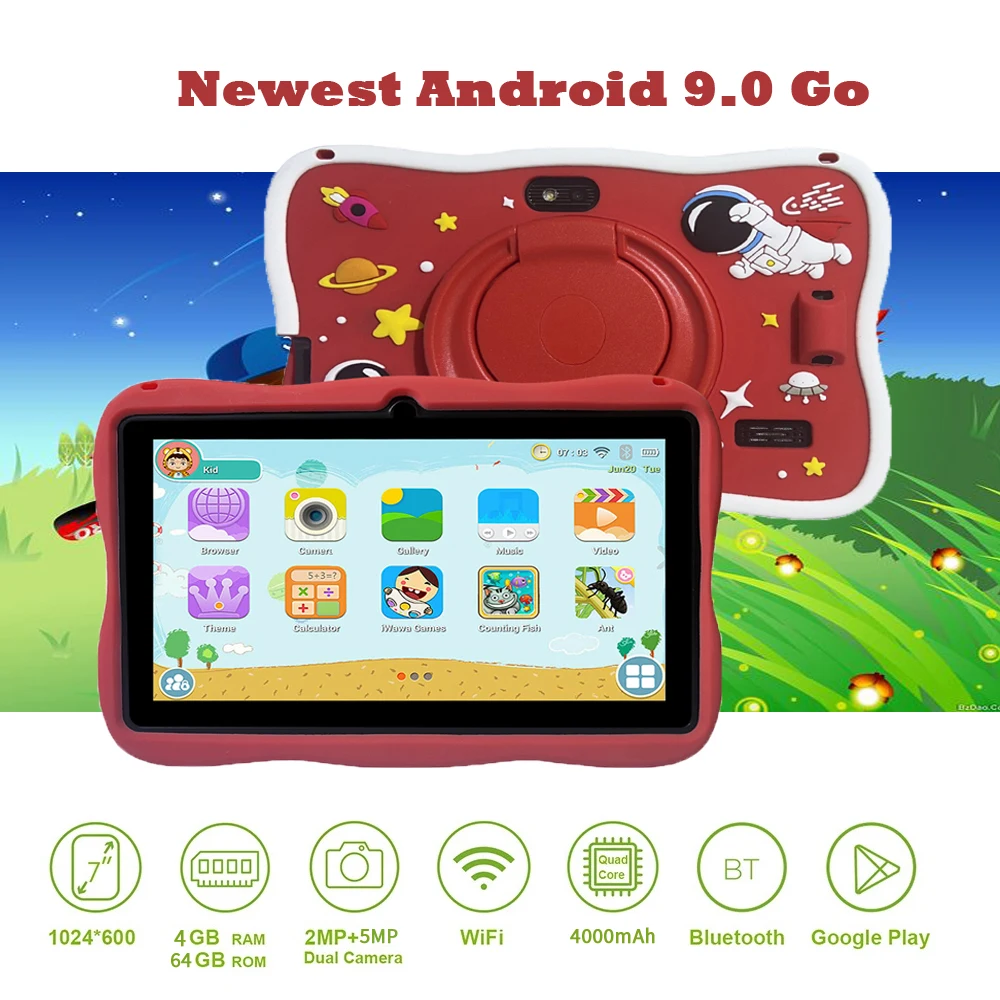 Kids Tblet  4GB RAM 64GB ROM Android 9 Dual Cameras supporting Learning and Educational games IPS 1024 * 600 Display screen 2