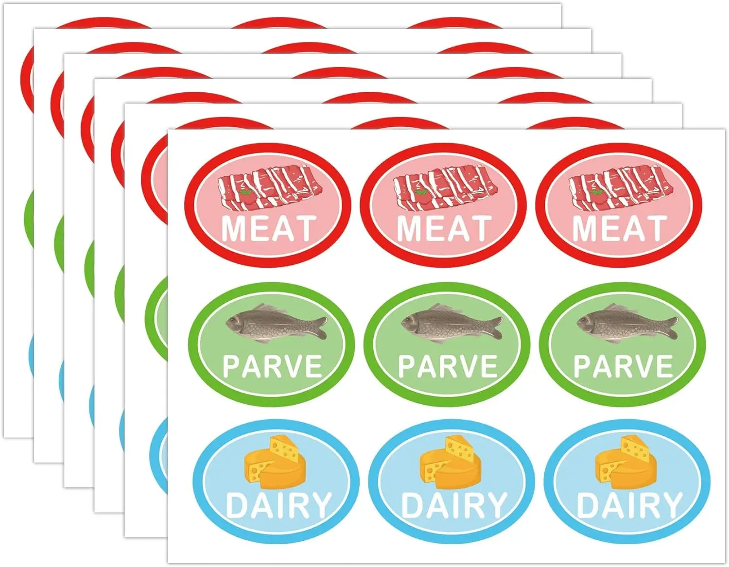 1.5x2Inch Oval Kosher Labels Blue Dairy Sticker Red Meat Stickers Green Parve Labels Meat, Dairy and Pareve Kosher Stickers