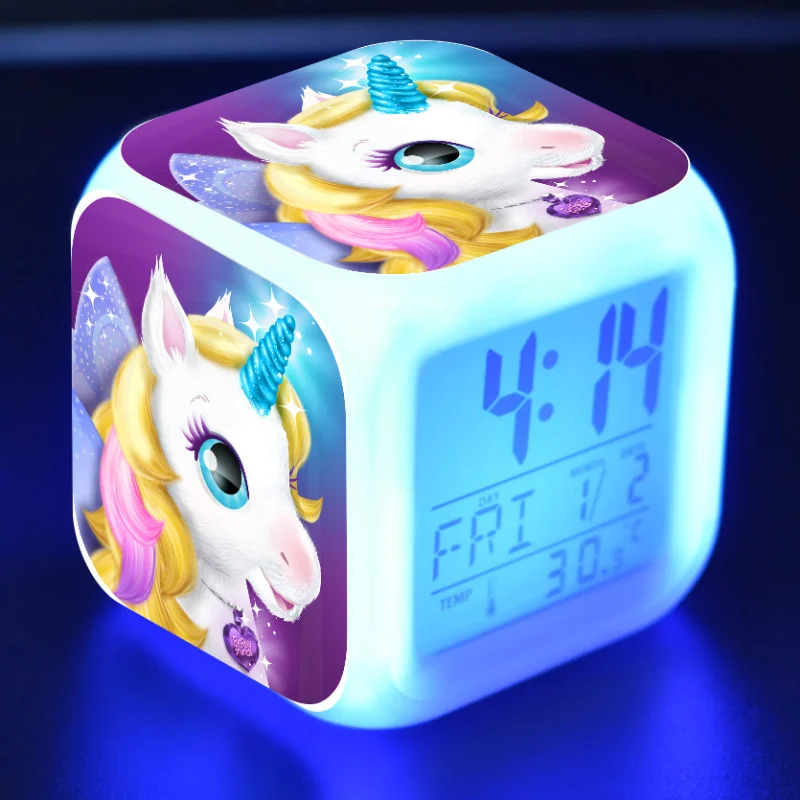 Réveil licorne pour enfants, veilleuse à 7 Led, horloge de bureau, Date,  température, cadeaux d'anniversaire