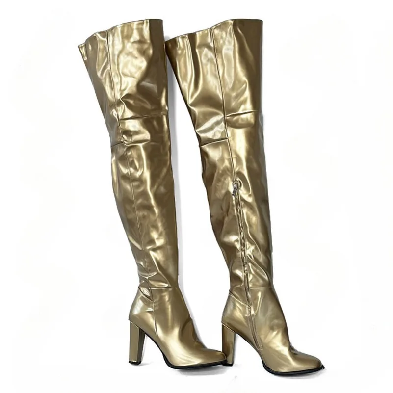 

2024 Women Winter Thigh Boots Chunky Heels Side Zipper Round Toe Gorgeous Silver Gold Cosplay Shoes Ladies US Size 5-20