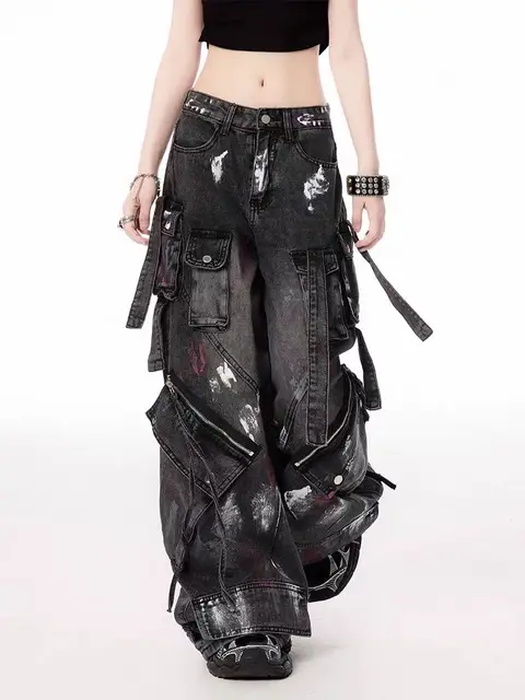 Y2K Harajuku Gothic Multi-Pocket Washed Black Jeans Men And Women 2000s Heavy Industry Drag Pants Street Hip Hop Wide Leg Pants 1