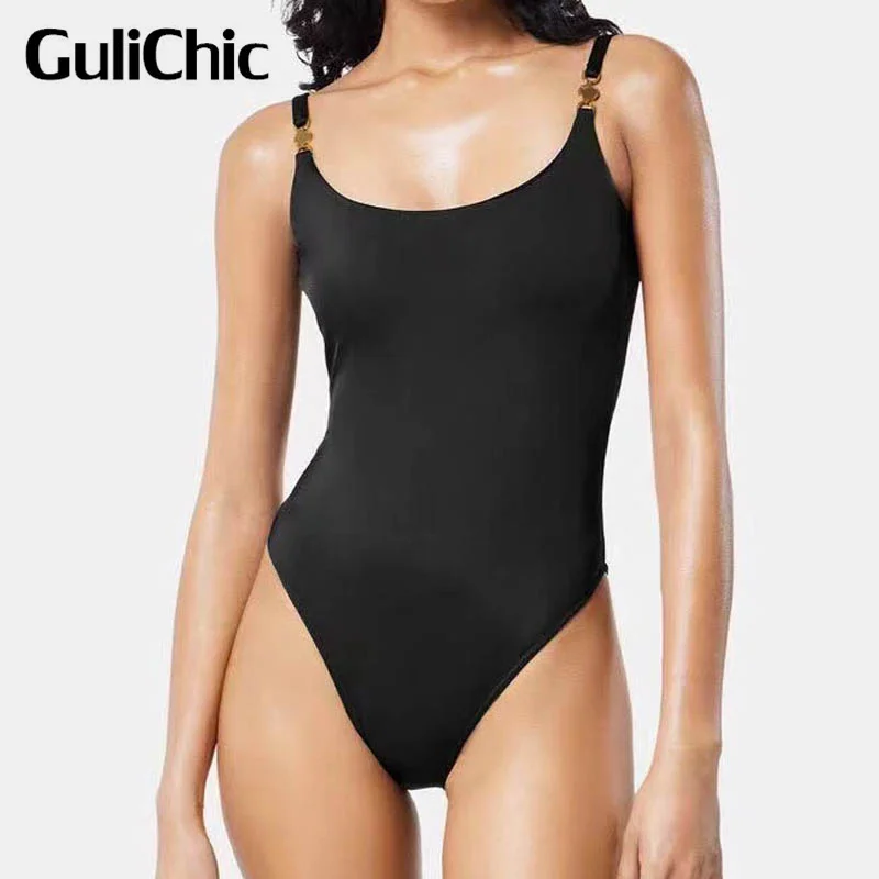 

11.3 GuliChic Women Black Fashion Metal Button Spliced Spaghetti Strap Sexy Backless With Brassiere Pad One-Piece Swimweara