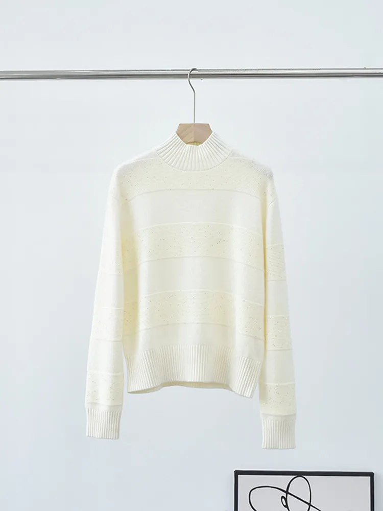 

Women 100% Cashmere Striped Sequin Sweater Half Turtleneck Autumn and Winter 2023 Fashion Female Warm Knitted Pullover