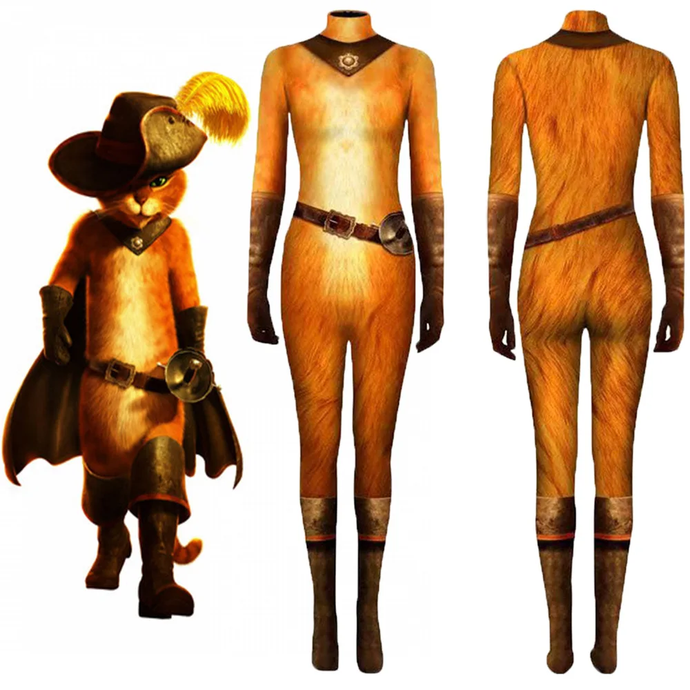 Movie Puss In Boots Costume Cosplay Puss Tuta Attillata Bambini Adulti Halloween Party Performance Costume Zentai