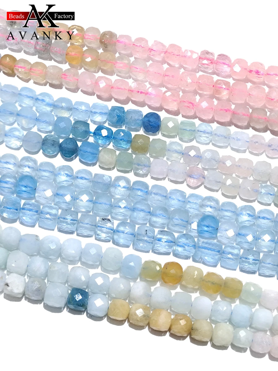 

Natural Nice Stone 4mm Colored Morganite Aquamarine Handmade Faceted Cube Loose Beads For DIY Jewelry Making Bracelet Necklace