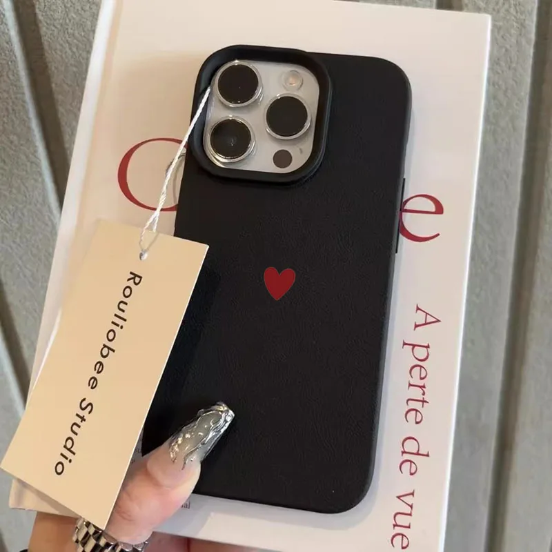 Elegant Red Love Heart Lichee Leather Pattern Phone Case