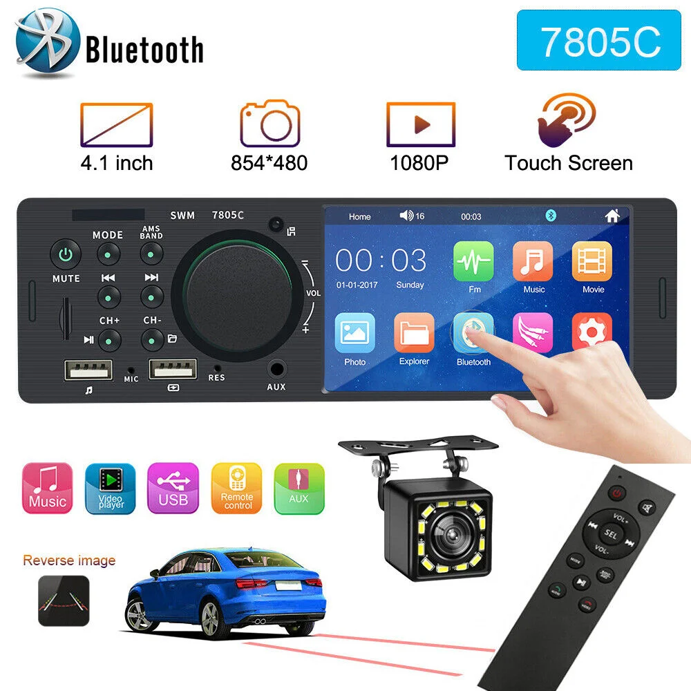 

Touch Screen Car Radio 1 Din Bluetooth Music Handsfree MP5 Player TF USB Charging Remote Audio System ISO 4.1” Head Unit 7805C