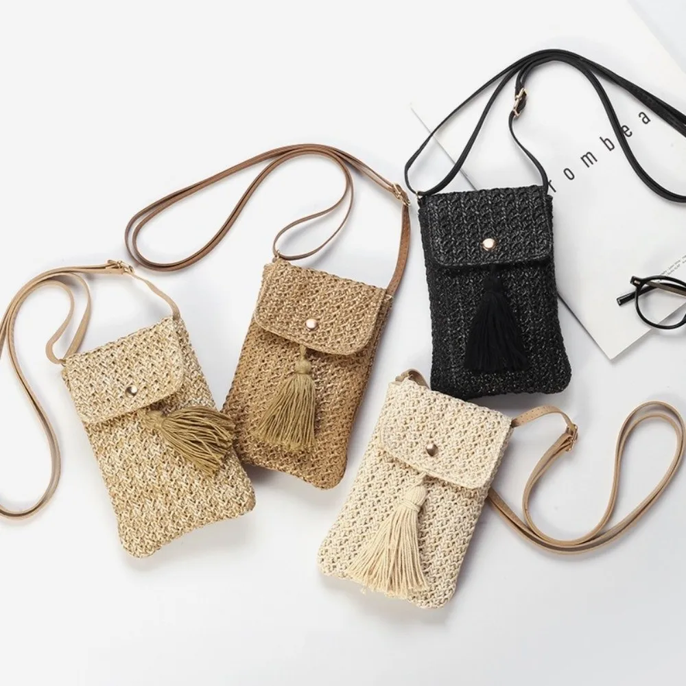Nuova Borsa a Tracolla Stile Boho, Piccola Borsa Quadrata, Mini Porta Cellulare, Beige Kaki, Borsa Intrecciata a Mano, Uso Casual - immagine 2