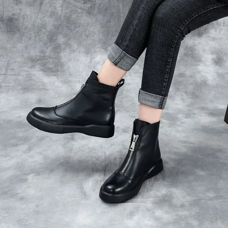 Women Front Zip Short Boots Autumn British Style Soft Bottom